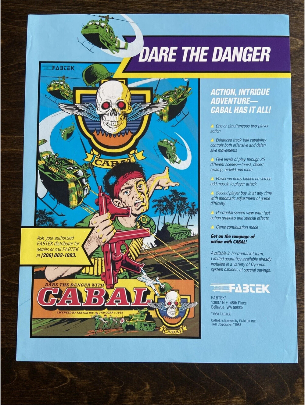 Cabal Arcade FLYER Original 1988 Ad Promo Poster TAD Corporation Not PCB